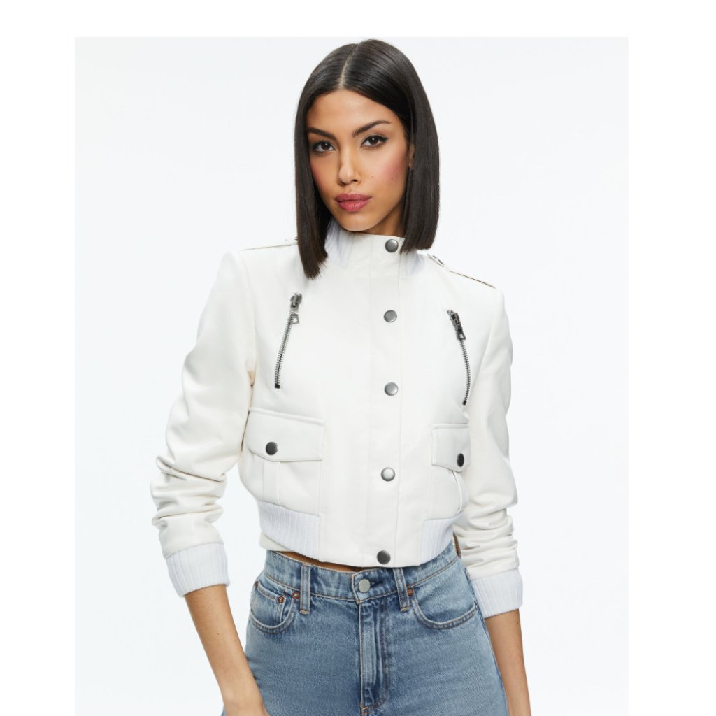 Alice + Olivia Ra Vegan Leather Moto Jacket, Off White, Size S